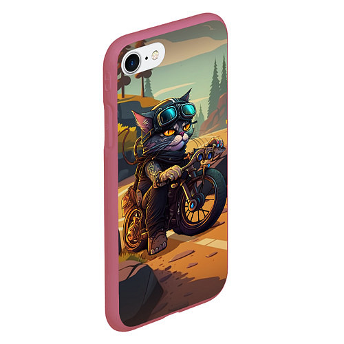 Чехол iPhone 7/8 матовый Кот на мотоцикле - байкер / 3D-Малиновый – фото 2