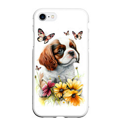 Чехол iPhone 7/8 матовый Милый щенок на цветущем лугу, цвет: 3D-белый