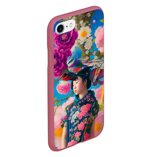 Чехол iPhone 7/8 матовый Девочка с птицами среди цветов - мскусство / 3D-Малиновый – фото 2