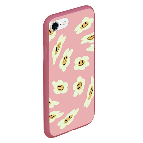 Чехол iPhone 7/8 матовый Искаженные смайлы-цветы на розовом паттер / 3D-Малиновый – фото 2