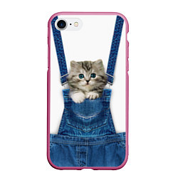 Чехол iPhone 7/8 матовый Котенок в кармане комбинезона, цвет: 3D-малиновый