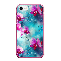 Чехол iPhone 7/8 матовый Розовые орхидеи на бирюзовом - паттерн акварель