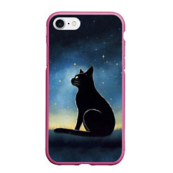 Чехол iPhone 7/8 матовый Черный кот и звезды - акварель
