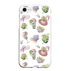 Чехол iPhone 7/8 матовый Пляжный паттерн с коктейлями и фламинго, цвет: 3D-белый