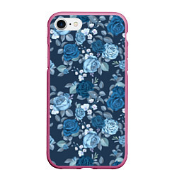 Чехол iPhone 7/8 матовый Голубые розы паттерн, цвет: 3D-малиновый