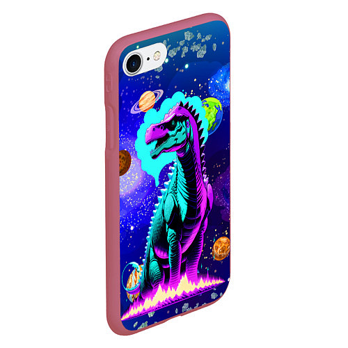 Чехол iPhone 7/8 матовый Динозавр в космосе - неоновое свечение / 3D-Малиновый – фото 2