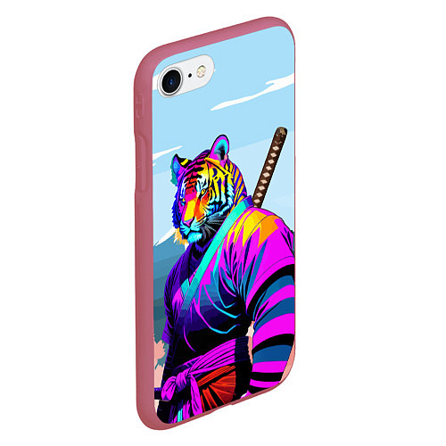 Чехол iPhone 7/8 матовый Тигр-самурай - Япония / 3D-Малиновый – фото 2