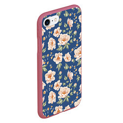 Чехол iPhone 7/8 матовый Розовые пионы на синем фоне, цвет: 3D-малиновый — фото 2