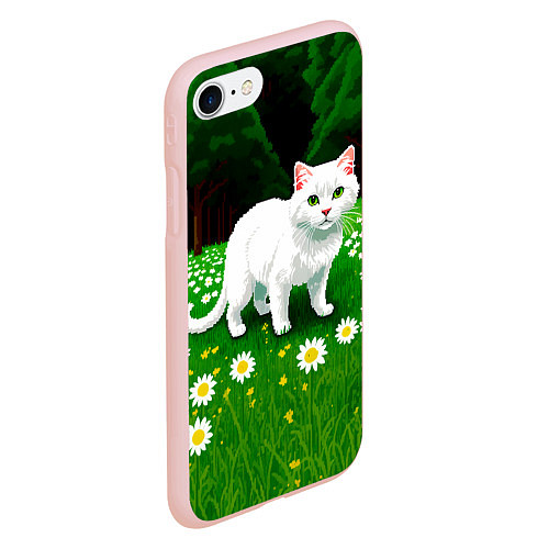 Чехол iPhone 7/8 матовый Белый кот на лугу пиксель арт / 3D-Светло-розовый – фото 2