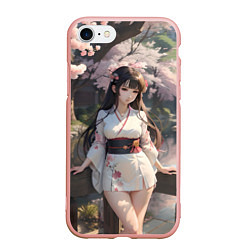 Чехол iPhone 7/8 матовый Гейша в коротком кимоно на фоне сакуры, цвет: 3D-светло-розовый