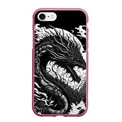 Чехол iPhone 7/8 матовый Черно-белый дракон и волны, цвет: 3D-малиновый