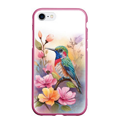 Чехол iPhone 7/8 матовый Колибри и цветы - акварель, цвет: 3D-малиновый
