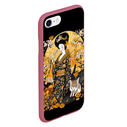 Чехол iPhone 7/8 матовый Японская гейша с кошкой, цвет: 3D-малиновый — фото 2
