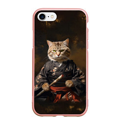 Чехол iPhone 7/8 матовый Кот самурай на темном фоне
