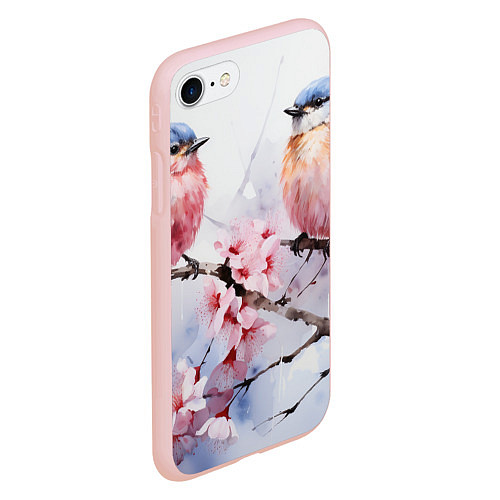 Чехол iPhone 7/8 матовый Птицы в ветвях сакуры акварель / 3D-Светло-розовый – фото 2