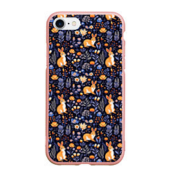 Чехол iPhone 7/8 матовый Оранжевые зайчики в траве на синем фоне