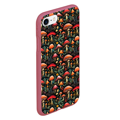 Чехол iPhone 7/8 матовый Сказочные грибы мухоморы паттерн / 3D-Малиновый – фото 2