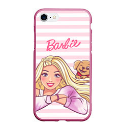 Чехол iPhone 7/8 матовый Барби с щенком: розово-белая горизонтальная полоск