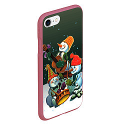 Чехол iPhone 7/8 матовый Новогодний квартет со снеговиками, цвет: 3D-малиновый — фото 2