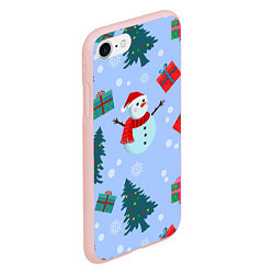 Чехол iPhone 7/8 матовый Снеговики с новогодними подарками паттерн, цвет: 3D-светло-розовый — фото 2