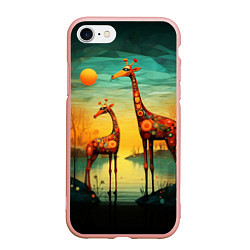Чехол iPhone 7/8 матовый Жирафы в стиле фолк-арт, цвет: 3D-светло-розовый