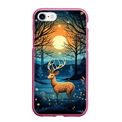 Чехол iPhone 7/8 матовый Олень в ночном лесу фолк-арт, цвет: 3D-малиновый