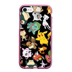 Чехол iPhone 7/8 матовый Пикачу и другие покемоны, цвет: 3D-малиновый