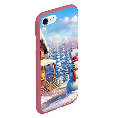 Чехол iPhone 7/8 матовый Новогодняя деревня и снеговик / 3D-Малиновый – фото 2