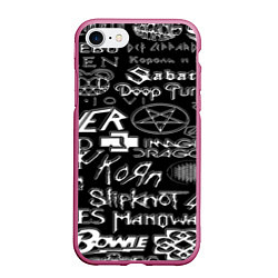 Чехол iPhone 7/8 матовый Логотипы рок групп металические, цвет: 3D-малиновый