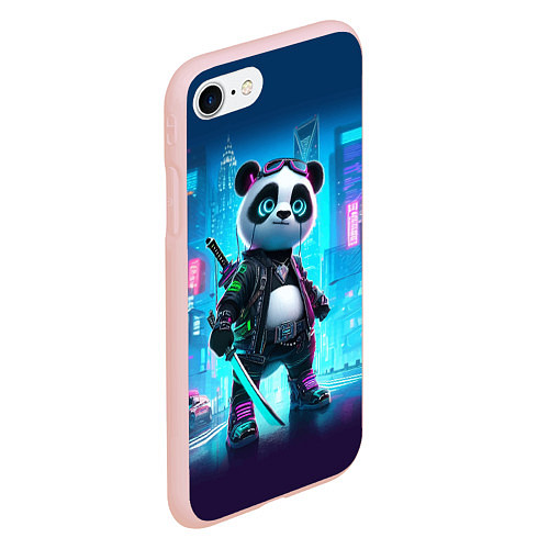 Чехол iPhone 7/8 матовый Панда кибер самурай в ночном Нью-Йорке / 3D-Светло-розовый – фото 2