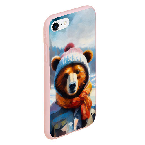 Чехол iPhone 7/8 матовый Бурый медведь в зимней одежде / 3D-Светло-розовый – фото 2