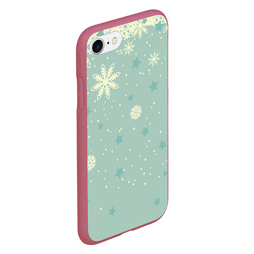 Чехол iPhone 7/8 матовый Снежинки и звезды на матно зеленем / 3D-Малиновый – фото 2