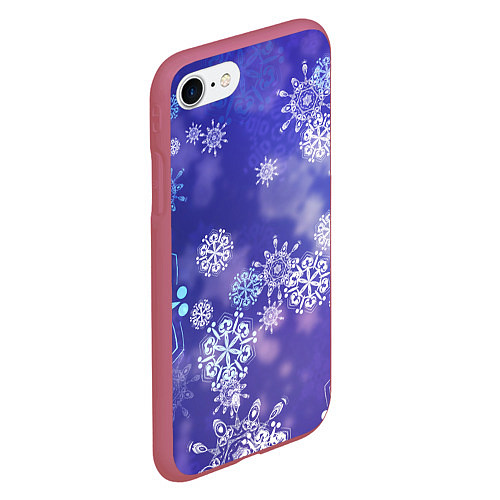 Чехол iPhone 7/8 матовый Крупные снежинки на фиолетовом / 3D-Малиновый – фото 2