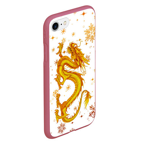 Чехол iPhone 7/8 матовый Золотой дракон в снежинках / 3D-Малиновый – фото 2