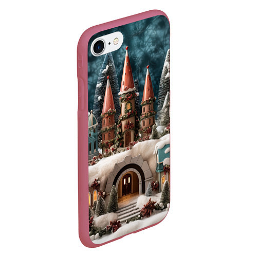 Чехол iPhone 7/8 матовый Деревенские домики зимой / 3D-Малиновый – фото 2