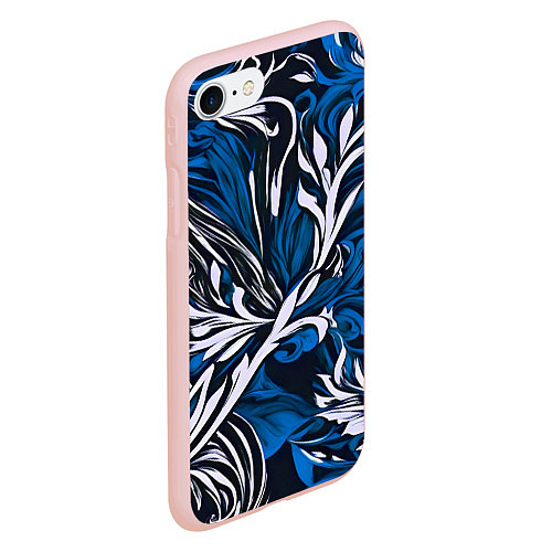 Чехол iPhone 7/8 матовый Синий и белый узор на чёрном фоне / 3D-Светло-розовый – фото 2