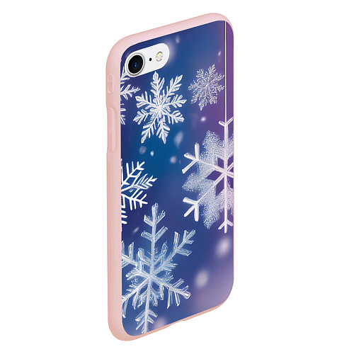 Чехол iPhone 7/8 матовый Снежинки на фиолетово-синем фоне / 3D-Светло-розовый – фото 2