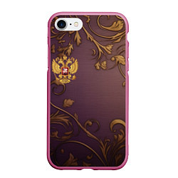 Чехол iPhone 7/8 матовый Герб России золотой на фиолетовом фоне