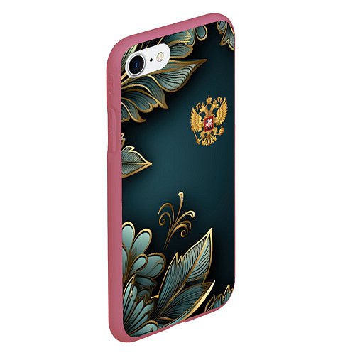 Чехол iPhone 7/8 матовый Золотые листья и герб России / 3D-Малиновый – фото 2