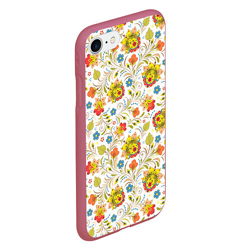 Чехол iPhone 7/8 матовый Хохломская роспись разноцветные цветы на белом фон / 3D-Малиновый – фото 2