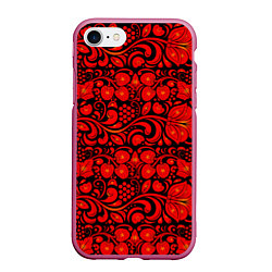 Чехол iPhone 7/8 матовый Хохломская роспись красные цветы и ягоды на чёрном