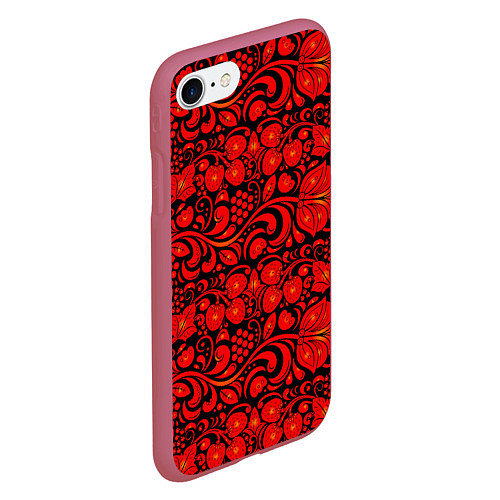 Чехол iPhone 7/8 матовый Хохломская роспись красные цветы и ягоды на чёрном / 3D-Малиновый – фото 2