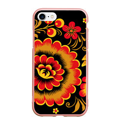 Чехол iPhone 7/8 матовый Хохломская роспись красно-жёлтые цветы на чёрном ф, цвет: 3D-светло-розовый