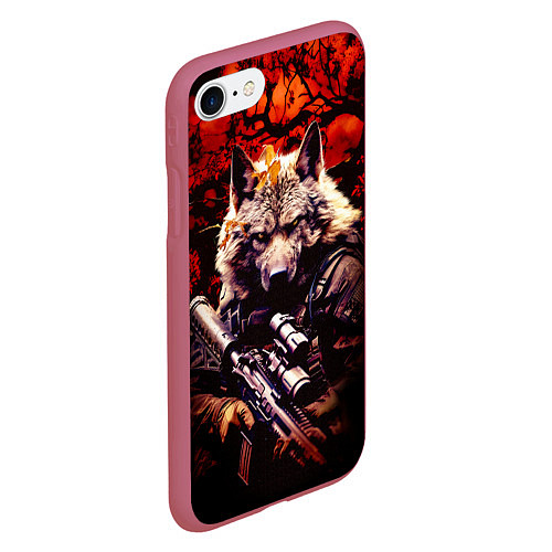 Чехол iPhone 7/8 матовый Волк солдат в красном лесу / 3D-Малиновый – фото 2