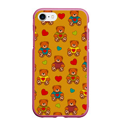 Чехол iPhone 7/8 матовый Игрушечные мишки и разноцветные сердца, цвет: 3D-малиновый
