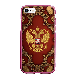 Чехол iPhone 7/8 матовый Золотой герб России на красном фоне лепнина, цвет: 3D-малиновый