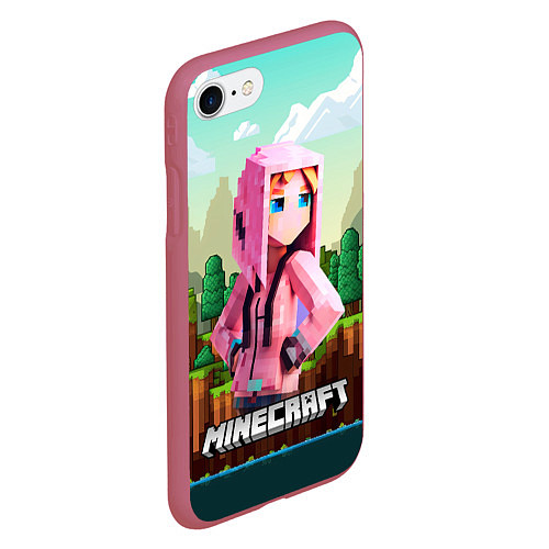 Чехол iPhone 7/8 матовый Персонаж Minecraft девушка в пиксельном мире / 3D-Малиновый – фото 2