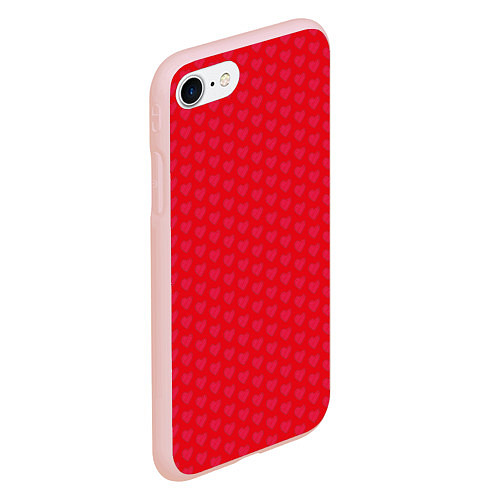 Чехол iPhone 7/8 матовый Красные сердечки на красном фоне / 3D-Светло-розовый – фото 2