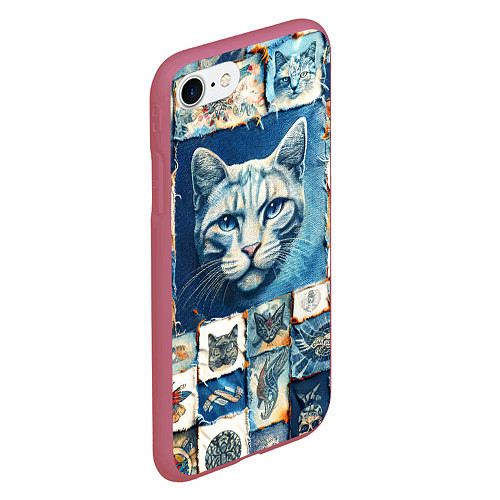 Чехол iPhone 7/8 матовый Кошка на дениме - пэчворк / 3D-Малиновый – фото 2