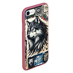 Чехол iPhone 7/8 матовый Волк на дениме Пэчворк, цвет: 3D-малиновый — фото 2